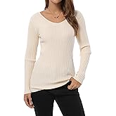 QUALFORT Women's V-Neck Ribbed Sweater Long Sleeve Slim Fitted Pullover Tops Business Casual Fall Outfits 2026