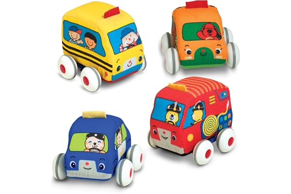 Melissa & Doug K's Kids Pull-Back Town Vehicle Set - Baby Toys Set with 4 Soft Toy Cars and Trucks, Surface Washable with Rem