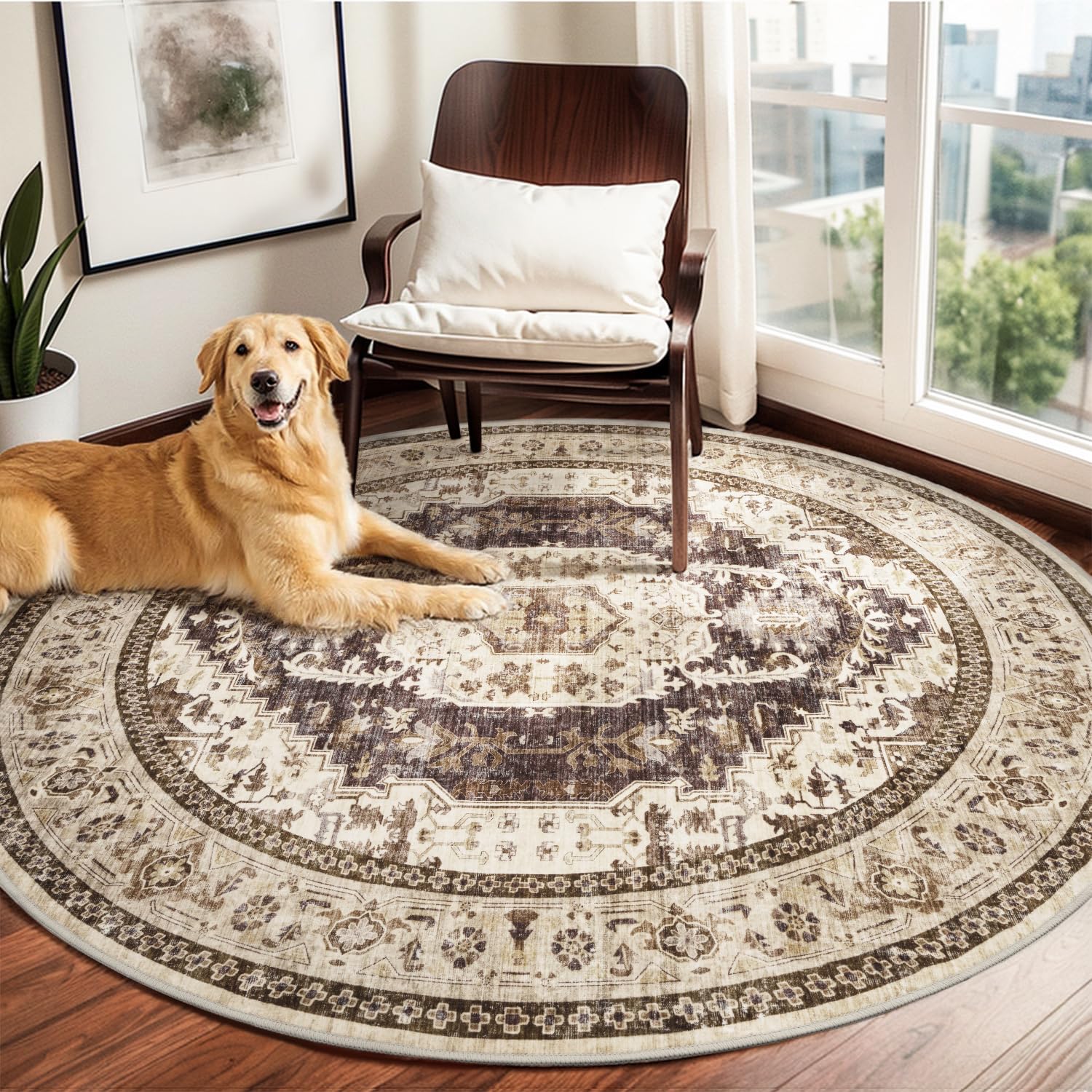 Photo 1 of Engiw 6 ft Round Rugs for Living Room Bedroom Rug Circle Area Rug for Dining Room Table Throw Neutral Vintage Circular Rugs Washable Soft Comfortable Brown