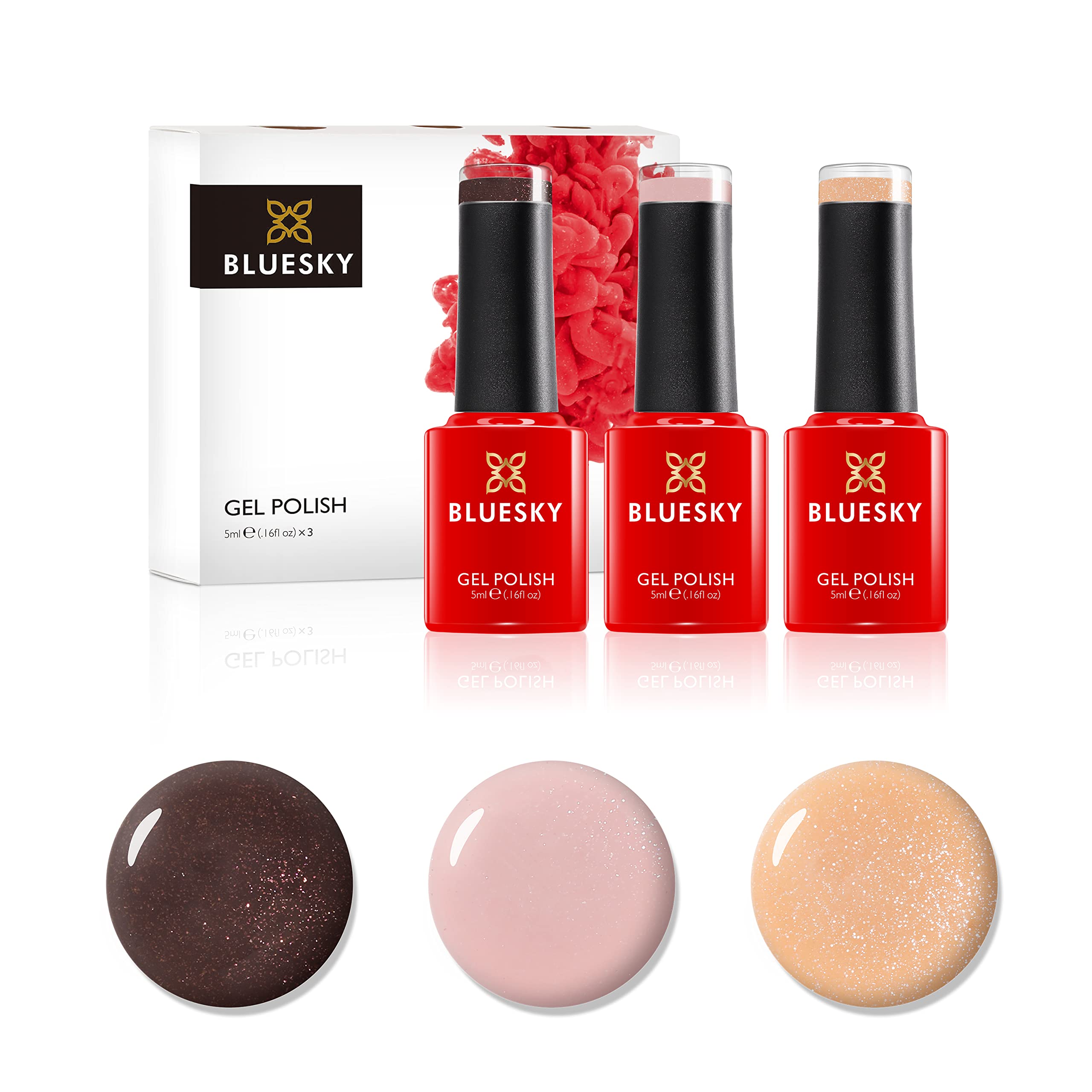 Bluesky Gel Nail Polish Set, Nude Powder, Iced Pink A050, Candy Sand SR34, Mocca Shimmer A014, 3x 5ml, Pink, Nude, Brown, (Requires Curing Under UV or LED Lamp)