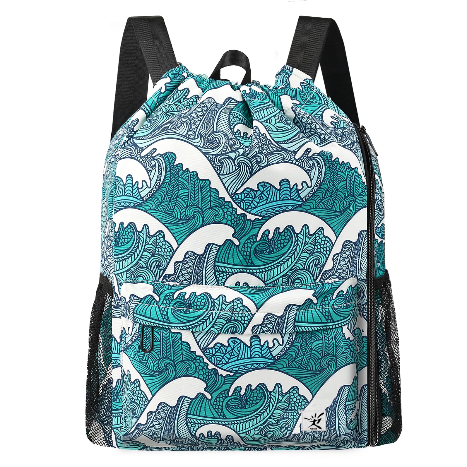 Risefit Drawstring Backpack with Mesh Pockets String Gym Bag Sackpack Sandproof Water Resistant Beach Backpack for Men Women, Blue Waves