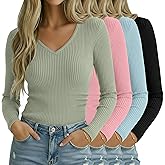 Oakgarden 4 Pack Women Long Sleeve Shirts, 95% Cotton V Neck Ribbed Knit Tops Fitted Lightweight Basic Going Out Shirts