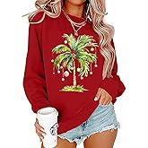 BOMYTAO Christmas Sweatshirts for Women Christmas Palm Tree Long Sleeve Shirts Xmas Holiday Party Pullover Tops Blouse