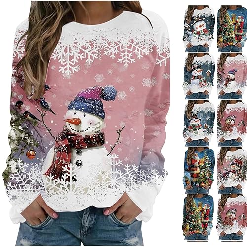 Women'S Christmas Jumpers Crewneck Long Sleeve Sweatshirt Snowman And Santa Claus Shirts Funny Jumper Vintage Novelty Xmas Pullover Causal Winter Tops Sweaters Hot Pink L