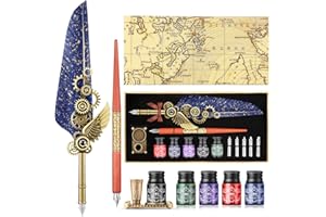 GrnVibe Quill Pen and Ink Set,Calligraphy set for beginners,Wooden Dip Pen,5 Color Ink,5 Replaceable Nibs,Pen Holder,Vintage Calligraphy Pens for Writing,Signing,Invitations