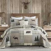 PERHOM Quilt King Size - 100% Cotton Lightweight Cabin Plaid King Quilt Bedding Set, Forest Tree Brown Bear Deer Patchwork Reversible Bedspread/Coverlet/Comforter Set with 2 Shams, 3PCS