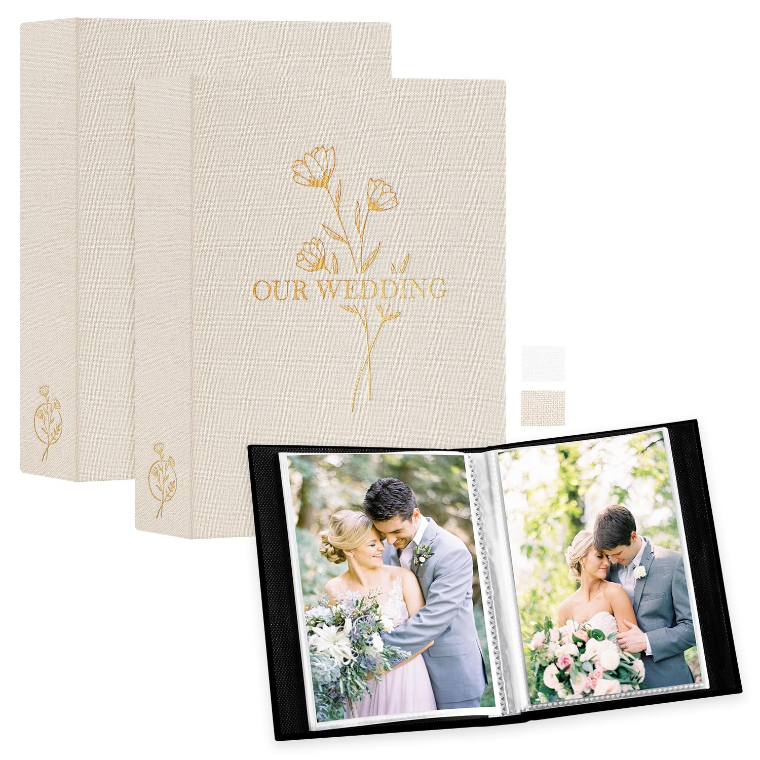 Lanpn Wedding Photo Album 7x5 2 Packs, Each Pack holds 50 Pictures, Slip in Pockets Mini Linen Top Loading Wedding Photo Albums for Portrait Only 13x18cm Picture (Flower, Beige)
