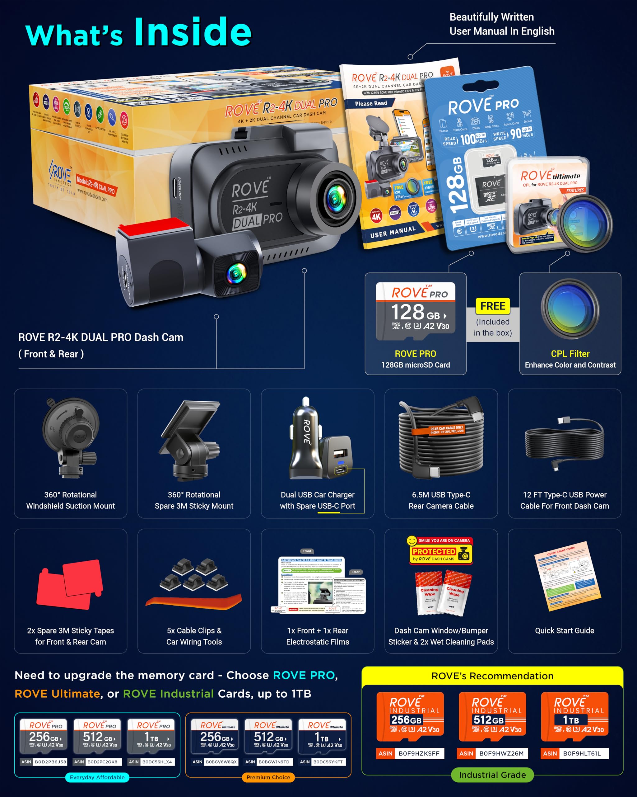 ROVE R2-4K Dual PRO Dash Cam Front and Rear, True 4K+2K Dash Camera for Cars, STARVIS 2 IMX678 + IMX675 Sensors, Free 128GB Card + CPL, WiFi 6 - up to 30MB/s Download Speed, 3