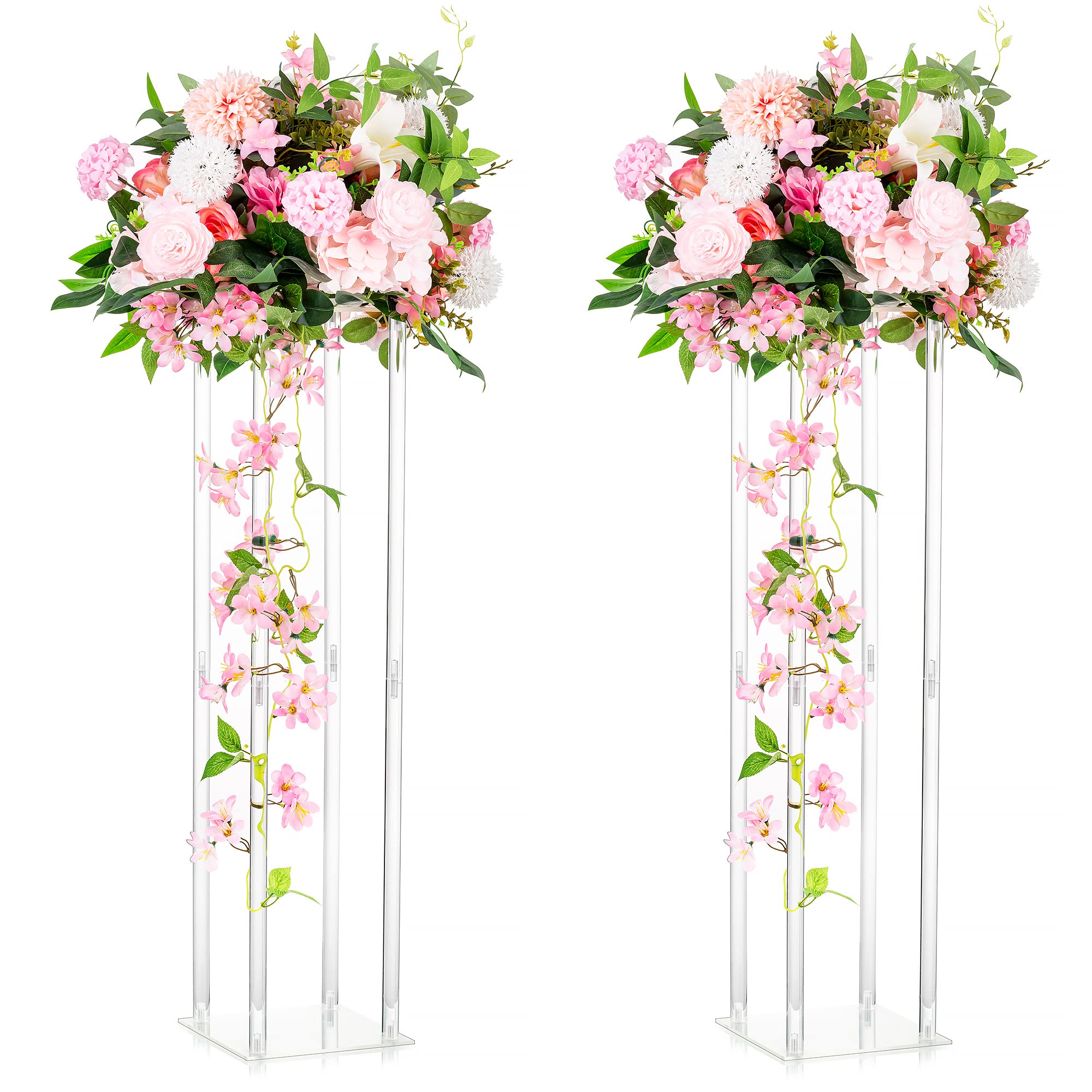 Inweder Acrylic Vases Wedding Centrepieces: 2 Pcs Clear Column Flower Stand for Table 80cm Tall Geometric Flower Vases for Birthday Party Anniversary Home Decor