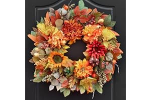 Pinkpuii Fall Wreaths for Front Door Outside- 24 Inch Autumn Wreath with Sunflowers, Pumpkins, Peony, Dahlias & Eucalyptus Leaves- Fall Decorations for Home,Thanksgiving & Halloween Front Door Decor