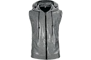 DZMDIP Men's Sequins Sleeveless Hooded Vest Disco Zippered Shirts 70s Disco Party Costume