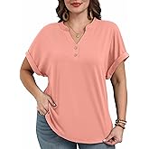 OLRIK Womens Plus Size Tops Short Sleeve Henley Tops V Neck Dressy Casual Blouses Summer Vacation Fashion Shirts 2026