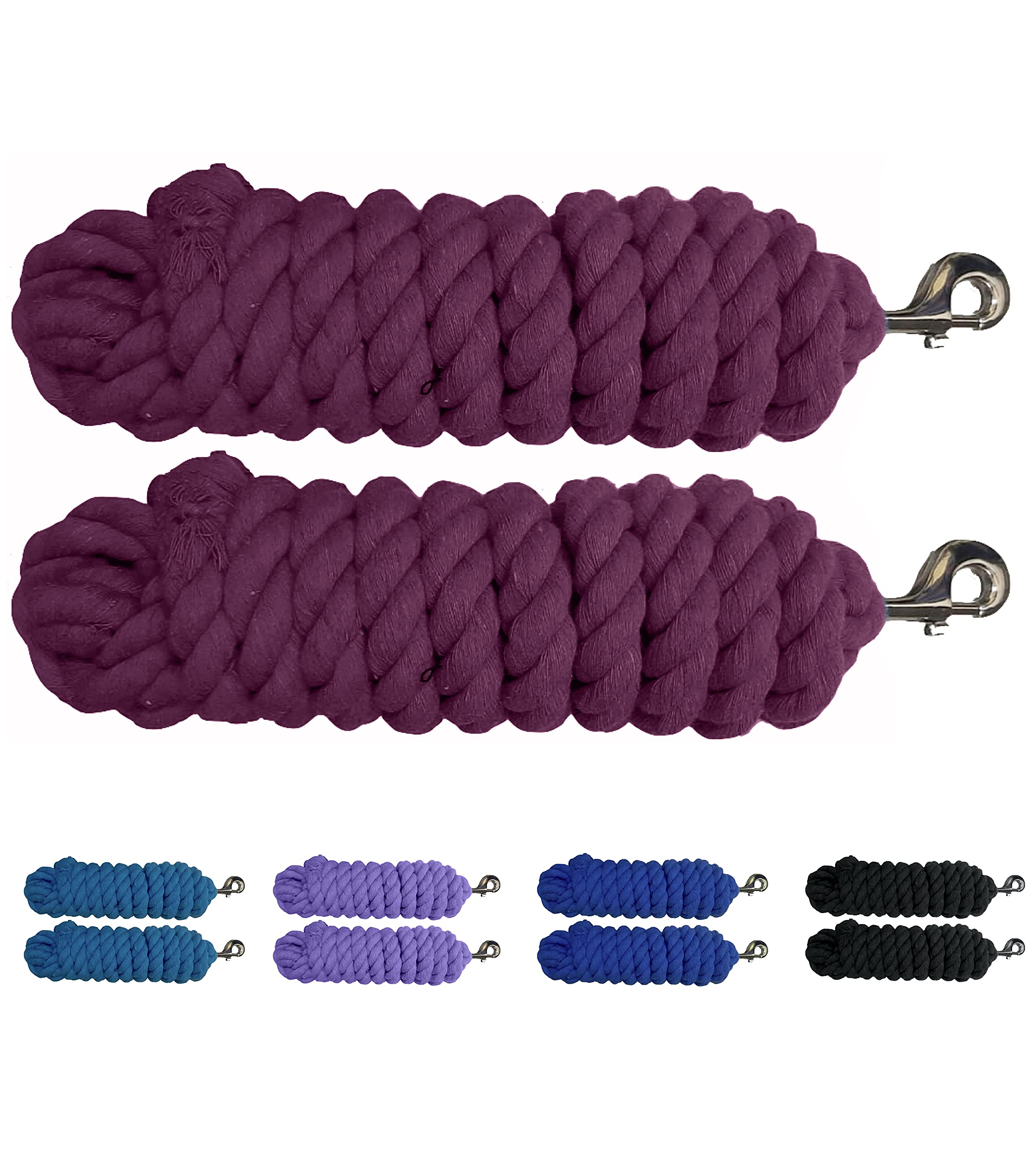 Majestic Ally Pack of 2 Solid Cotton Lead Rope for Horses – 10 Foot Long and 5/8 inch Thick - Replaceable Satin Bolt Snap – Handmade – Soft, Broken in Feel (Burgundy)