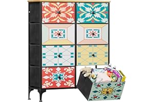 YILQQPER Dresser for Bedroom 8 Drawer Dressers & Chests of Drawers Tall Dresser Organizer Fabric Storage, Closet and Nursery Kids and Adult, Fabric Bins, Wood Top, Boho Colorful Painted