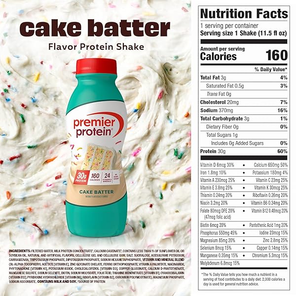 PREMIER PROTEIN SHAKE, CAKE BATTER, 30G PROTEIN, NO ADDED SUGAR, 24 VITAMINS & MINERALS TO SUPPORT IMMUNE HEALTH, 11.5 FL OZ, 12 PACK