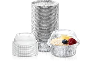 Fit Meal Prep 50 Pack 4 oz Disposable Foil Ramekins with Lids, Mini Aluminum Foil Baking Cups, Freezer & Oven Safe Creme Brul