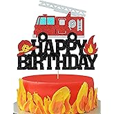 Fire Truck Cake Topper Firetruck Fireman Happy Birthday Cake Decorations for Boys Girls Glitter Fire Truck Theme Party Decoration Supplies