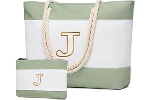 Becokan Initial Beach Bag Waterproof Canvas Beach Tote Bag Zipper Personalized Gifts for Women Her Birthday Travel Essentials