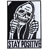 Motivational Stay Positive Punk Thumbs-up Skull Iron On Patch for Clothes Hats Backpacks Jeans