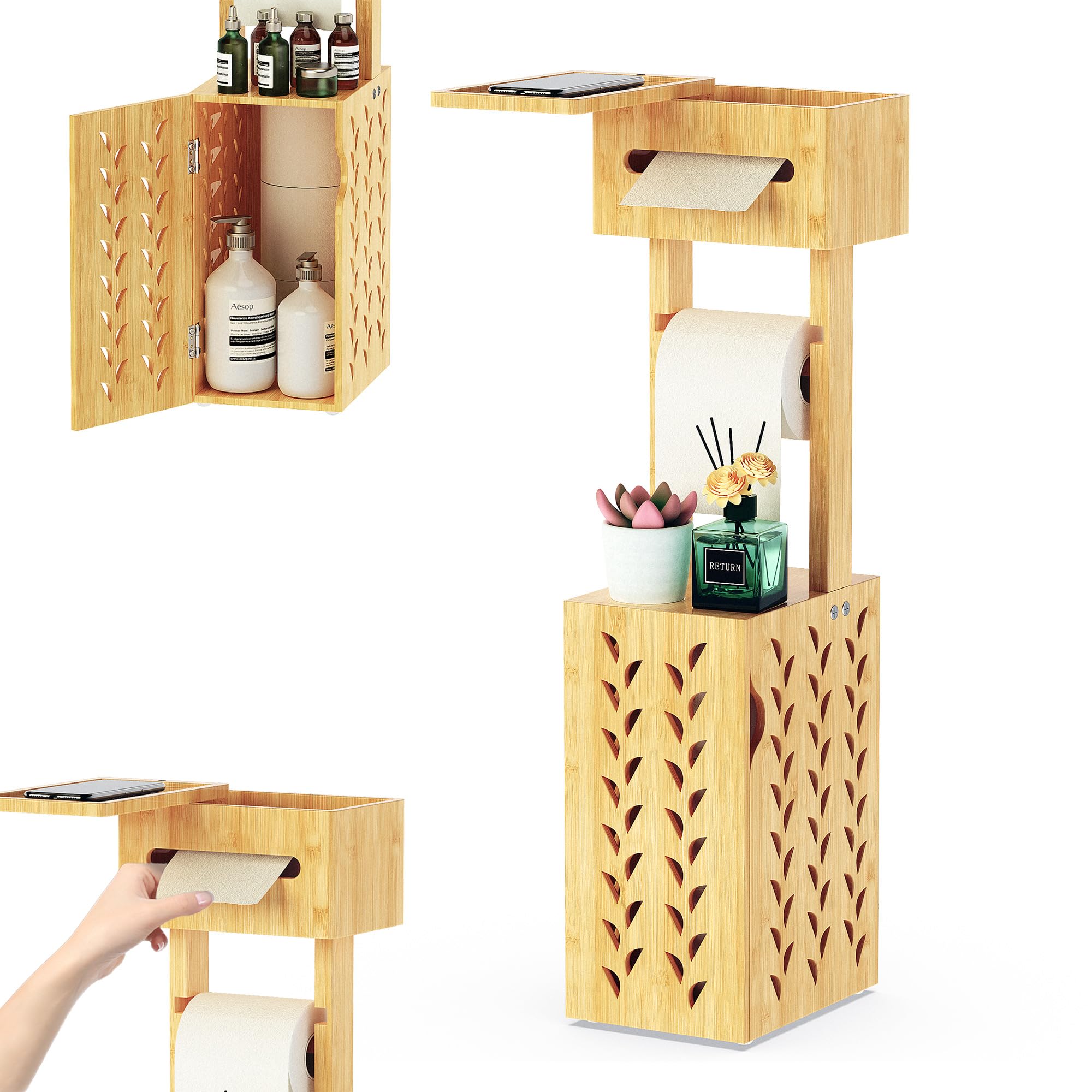 Photo 1 of BEGULF Freestanding Bamboo Toilet Paper Holder Stand With Storage, Slim Cabinet for Bathroom, Tissue Roll and Box (Bamboo)