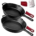 Cuisinel Cast Iron Skillets Set - Pre-Seasoned 2-Piece Pan: 10" + 12"-Inch + 2 Heat-Resistant Silicone Handle Covers - Dual H
