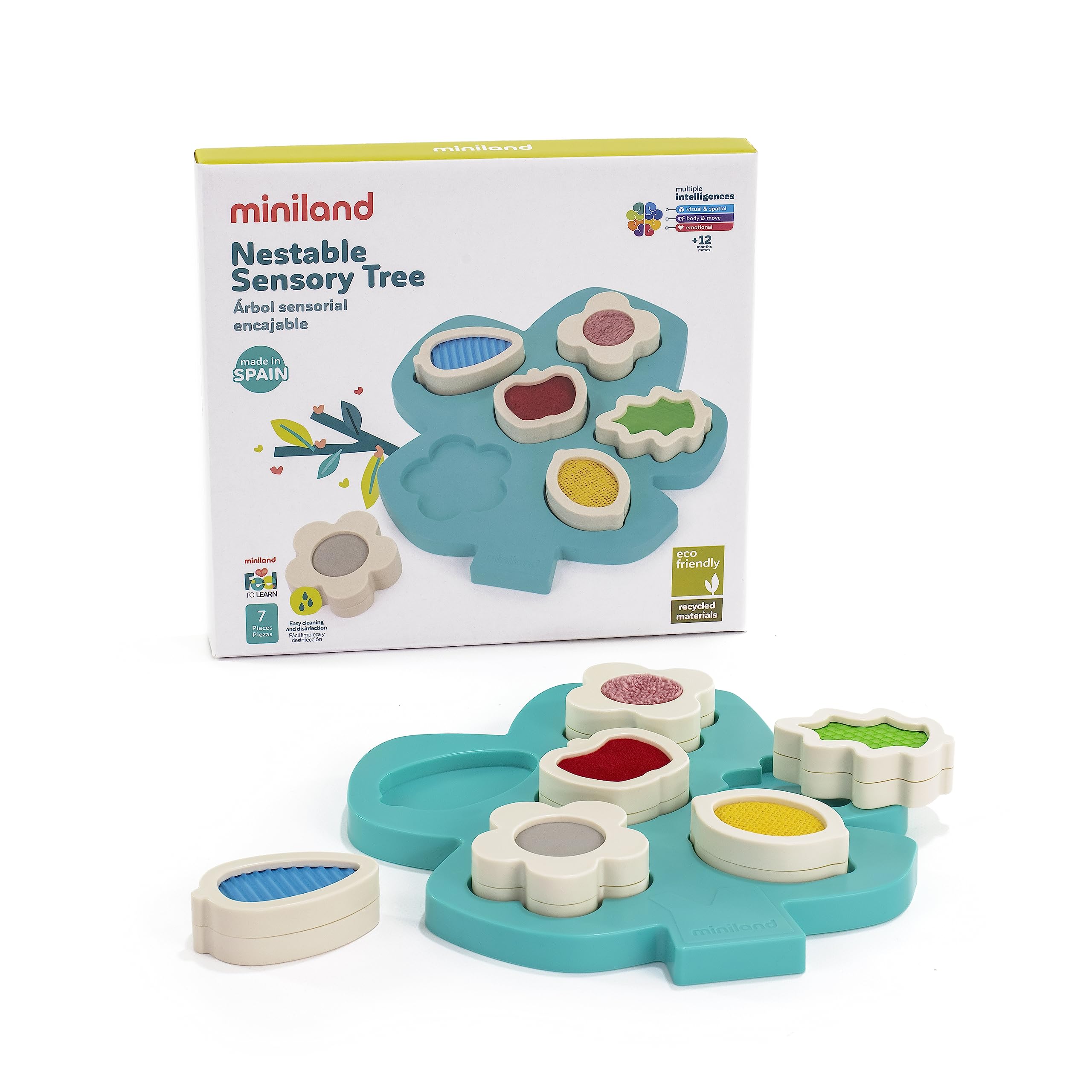 Miniland - Árbol sensorial encajable. Juguete sensorial para bebés de 12 a 24 meses fabricado en España con materiales reciclados y reciclables. Colección Feel to Learn.