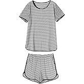 Rapbin Womens Pajama Sets 2026 Spring Summer Ladies Striped Short Sleeve 2 Piece Shorts Set Crew Neck Split Soft Cozy Pjs
