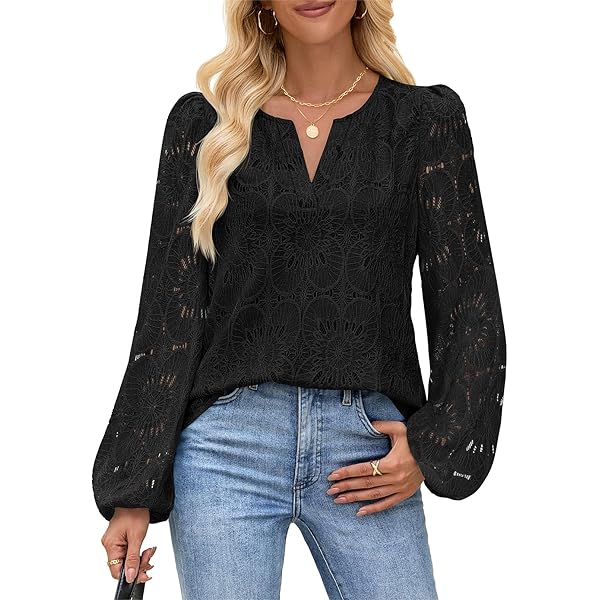 Lace Tops for Women, Casual High Neck Short Sleeve Hollow