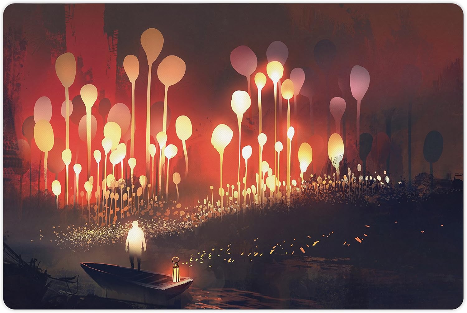 Amazon Com Ambesonne Fantasy Pet Mat For Food And Water Night Scenery Of Enchanted Forest With Trees And Man In Boat Graphic Style Rectangle Non Slip Rubber Mat For Dogs And Cats Ruby