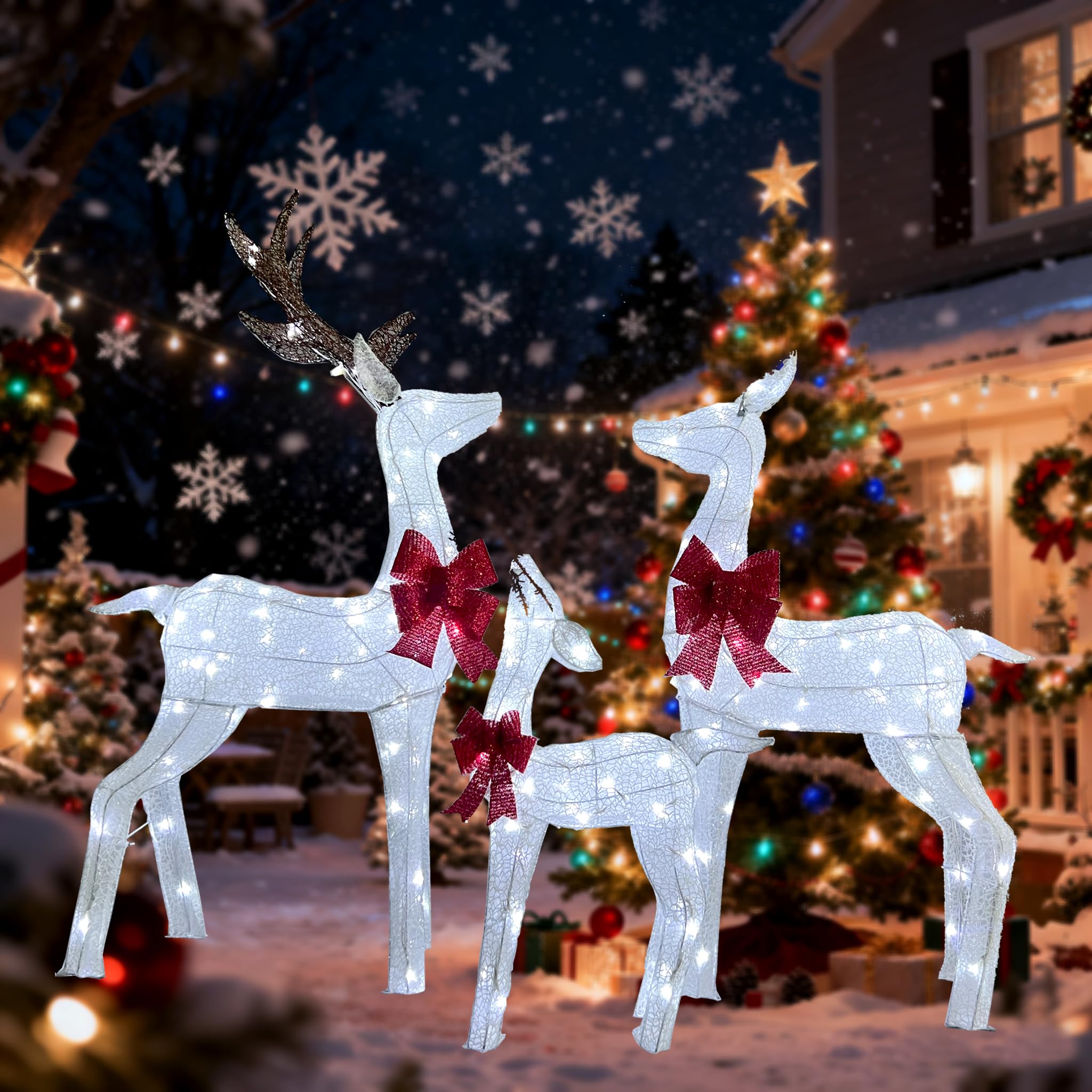 Photo 1 of 3 Pcs Christmas Reindeer Decorations Outdoor, Lighted Large Deer Yard Decor Light up 3D Deer Family Set for Outside Indoor Lawn Garden Xmas Holiday Party