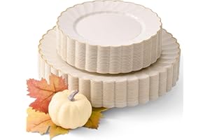 By Madee PREMIUM 60 Pc Ivory Scalloped Plastic Plates for Party with Gold Trim – 30 Dinner & 30 Dessert Plates – Elegant & Fancy for Wedding, Showers, Special Moments (30 Guests)