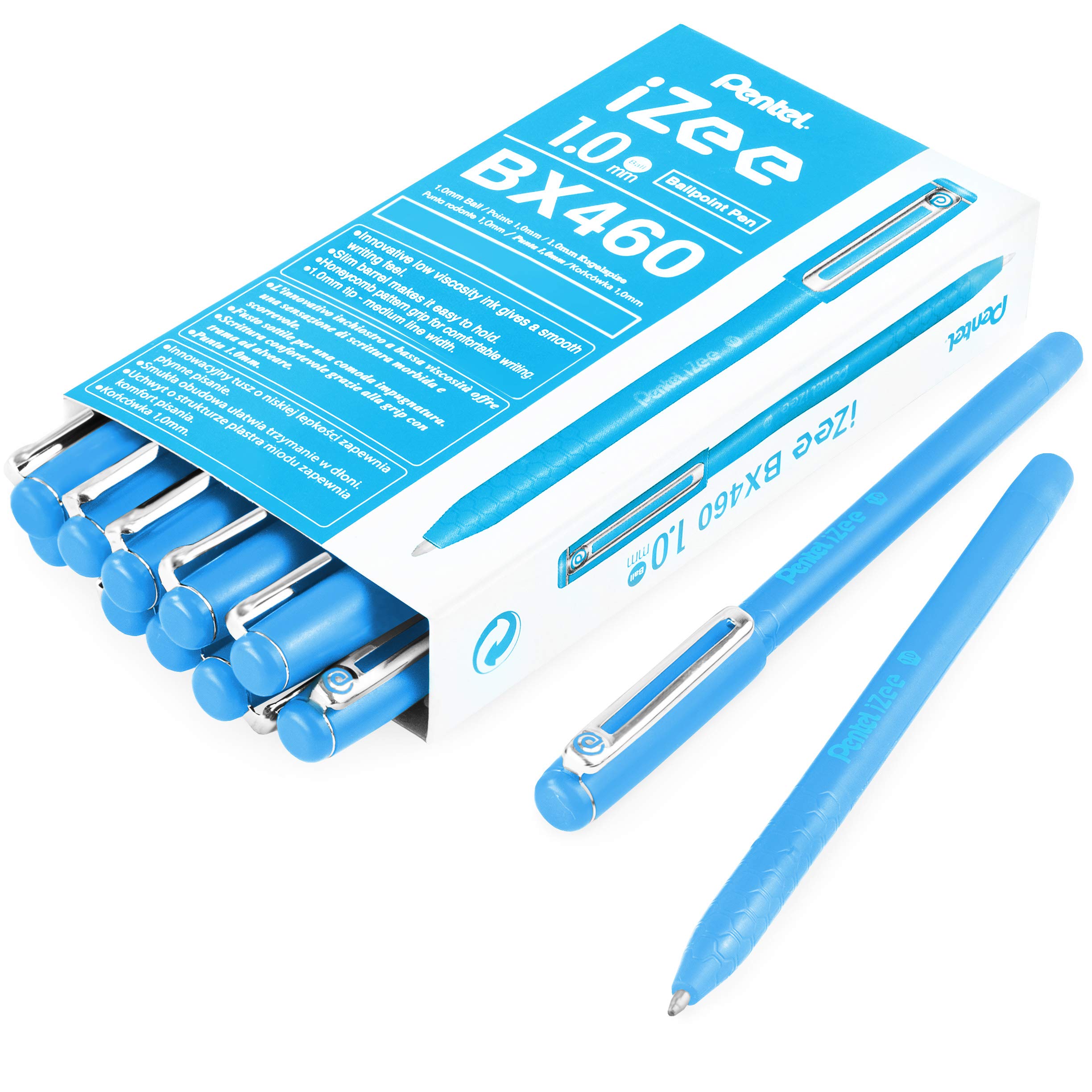 Pentel iZee BX460 Stick Ballpoint Pen - 1.0mm Nib - Sky Blue Ink - Pack of 14
