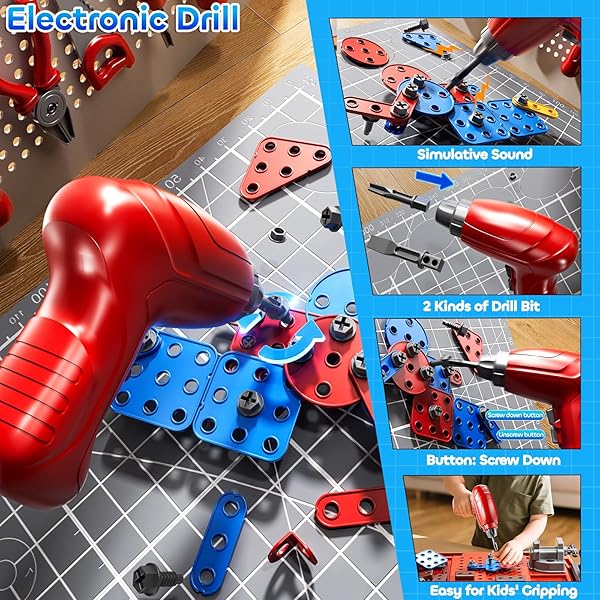 KIZONLY KIDS TOOL TOY PLAYSET WITH ELECTRONIC DRILL SOUND FOR AGED 3 4 5 6 7 8, WORKBENCH TOYS FOR TODDLERS 3-5, PRETEND PLAY TOOL BOX, CONSTRUCTION MECHANIC SET, BIRTHDAY GIFT FOR BOYS GIRLS AGES 3-8