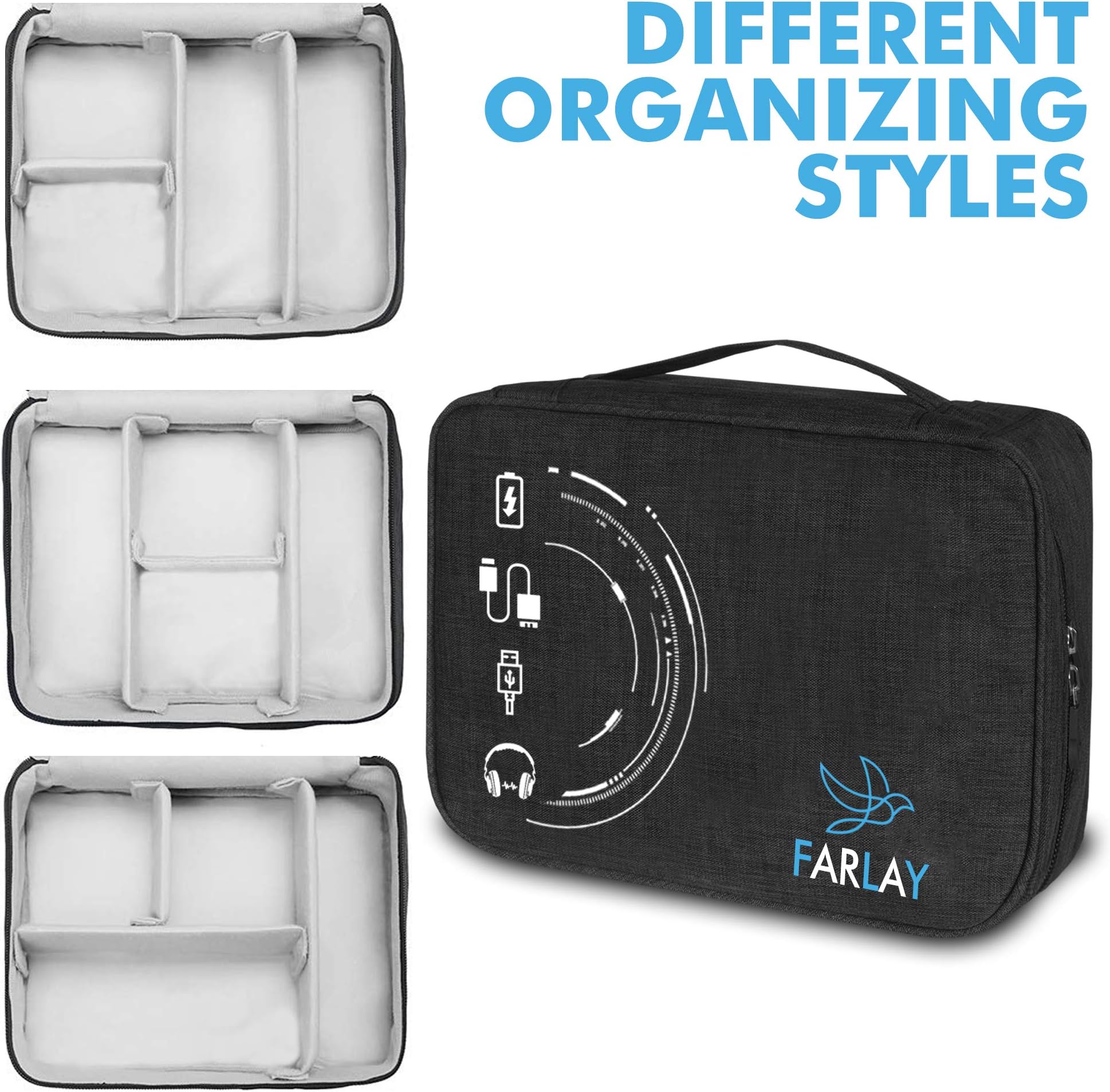 Electronic Organizer Bag Cable Accessories Travel Case Storage Bag for Cords Cables and Phone, Fits Mini iPad Kindle Holds Chargers Cables Power Bank, Black