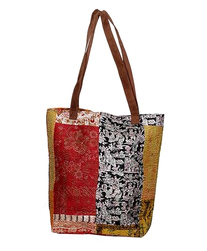 IndiWeaves Womens Silk Kantha Work Leather Handle Handmade Tote Bag, Top Handle Shoulder Bag