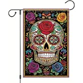 Saoplasa Day of the Dead Sugar Skull Garden Flag 12x18 Inch Double Sided Floral Skull Outdoor Yard Flag, Dia de los Muertos Halloween Gothic Mexican Rose Porch Farmhouse Decorations