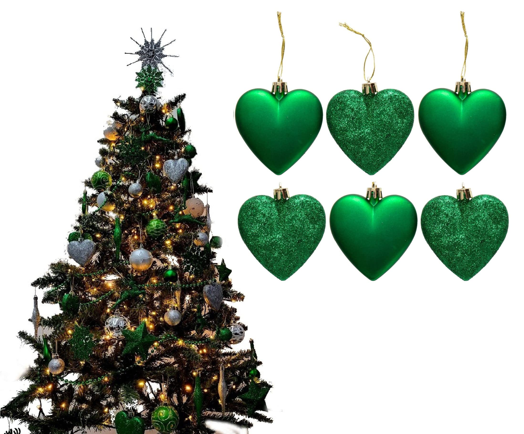 6pc Large Glitter & Matte Heart Baubles - Great Christmas Tree Decorations, Heart Baubles (Dark Green)