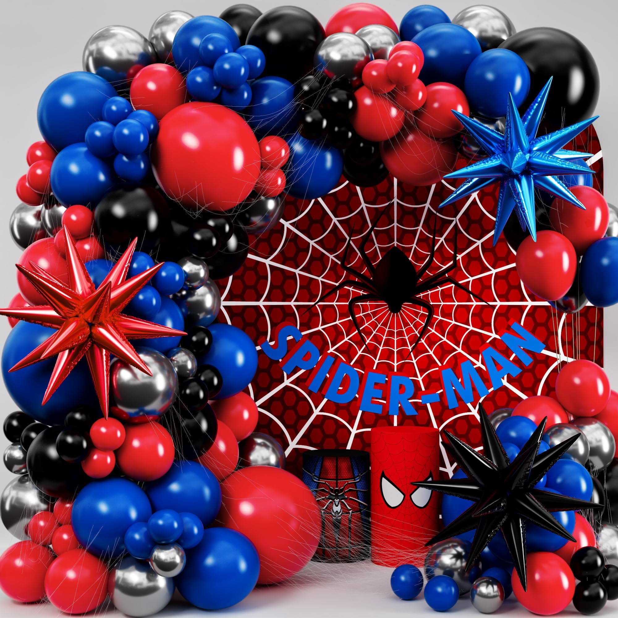 Photo 1 of ALL-IN-1 Spider Balloon Arch Kit with BONUS Starburst Balloons for Spider Birthday Decorations - Red Blue Spidey Balloon for Spider Party Decorations - Miles Birthday Decoration, Spidey Balloons