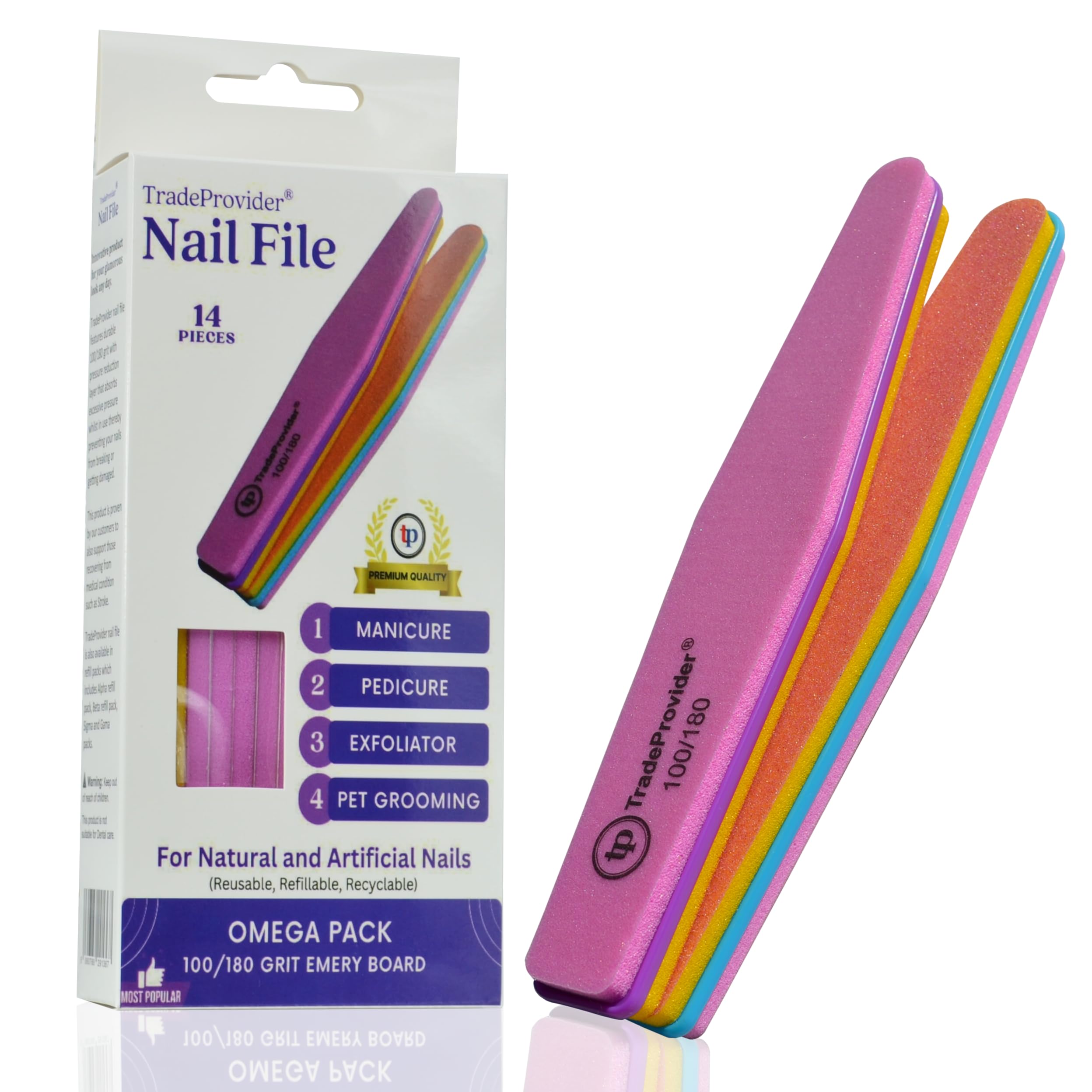 TradeProvider® Nail File 100/180 Grit (14 Pack), Acrylic Nail Files for Men and Women, Coarse Nail Filer, Professional Soft Hard Smooth Nail Files, Pet Grooming, Double Sided Emery (Omega Pack)