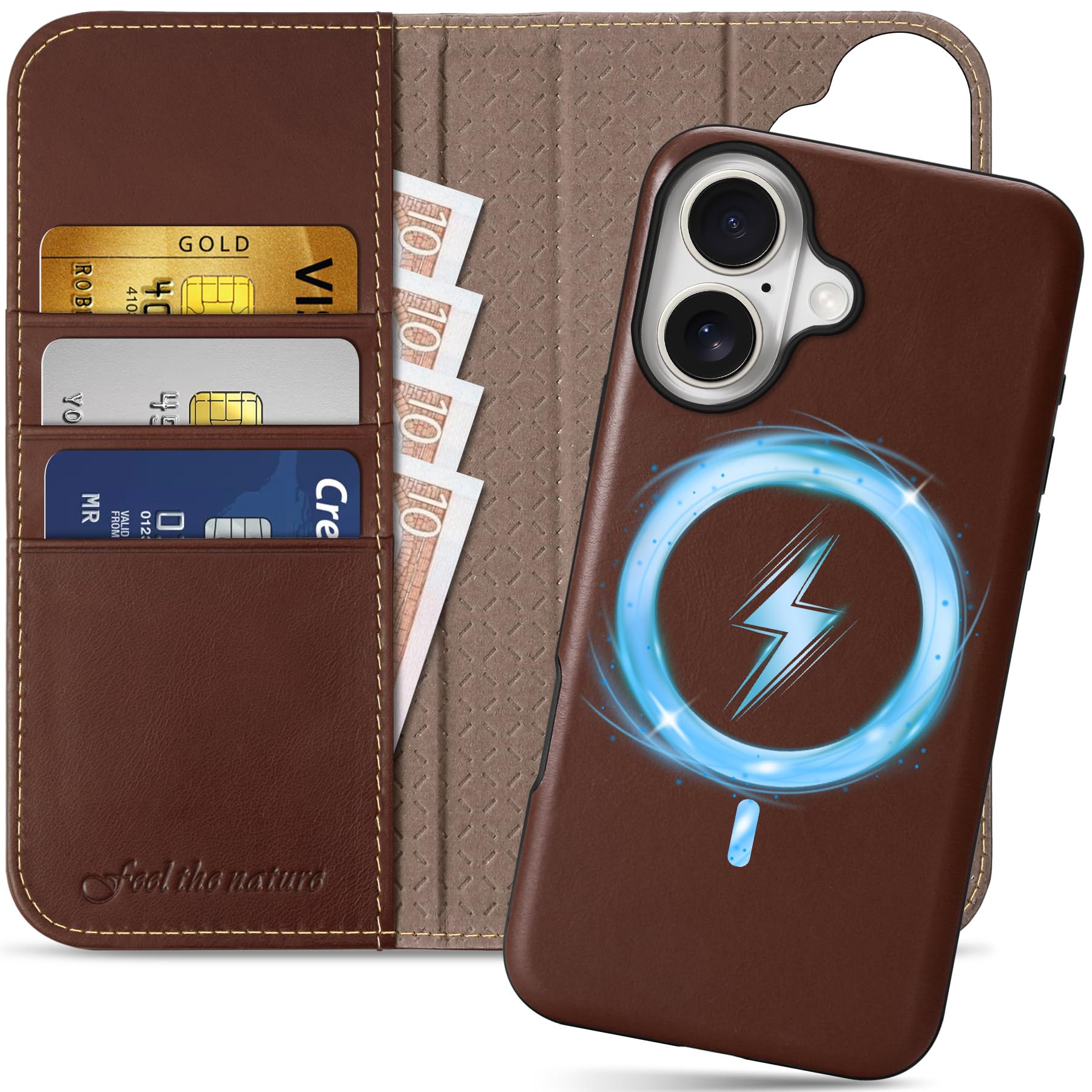 SHIELDON Wallet Case for iPhone 16, Genuine Leather Detachable Flip Folio [Magnetic Wireless Charging][RFID Blocking][Card Holder][Kickstand] Protective Cover Compatible with iPhone 16 - Retro Coffee — image 1