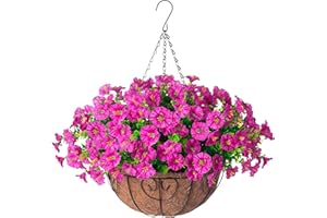 Ivydale Artificial Silk Hanging Plants Flowers Basket for Outdoor Outside Summer Decoration, Fake Faux UV Sun Resistant Look Real Morning Glory Fuchsia for Porch Patio Balcony Home
