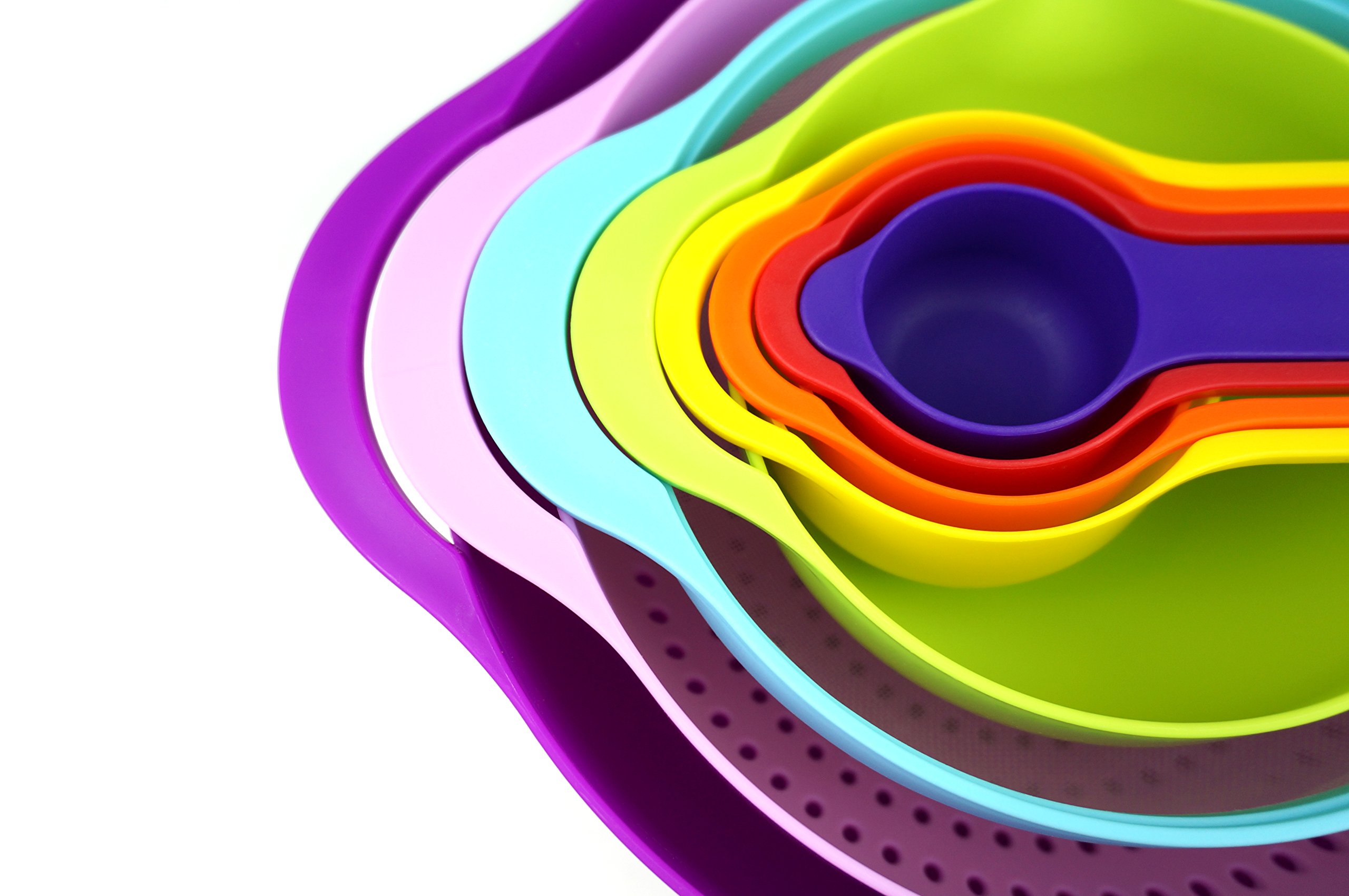 8 pc Color Compact Food Prep Nesting Mixing Bowl Set Plastic - with Non Slip Bowls, Colander, Sieve and Measuring Cups Stackable Kitchen Dishwasher Safe Salad, Cake and Bakery, Vegetable, Fruit
