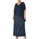 J Kara Women's Plus-Size Plus Size Pop Over with Beaded Bottom Dress, Navy/Shaded, 16W