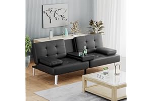 Acurax Futon Sofa Bed, Modern Faux Leather Convertible Folding Lounge Couch for Living Room with 2 Cup Holders Removable Soft Armrest and Sturdy Metal Legs, Black