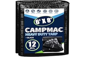 CAMPMAC Black Tarps Heavy Duty Waterproof 6x8, 12 Mil Thick, High Durability, Rip and Tear Resistant with Metal Grommets Ever