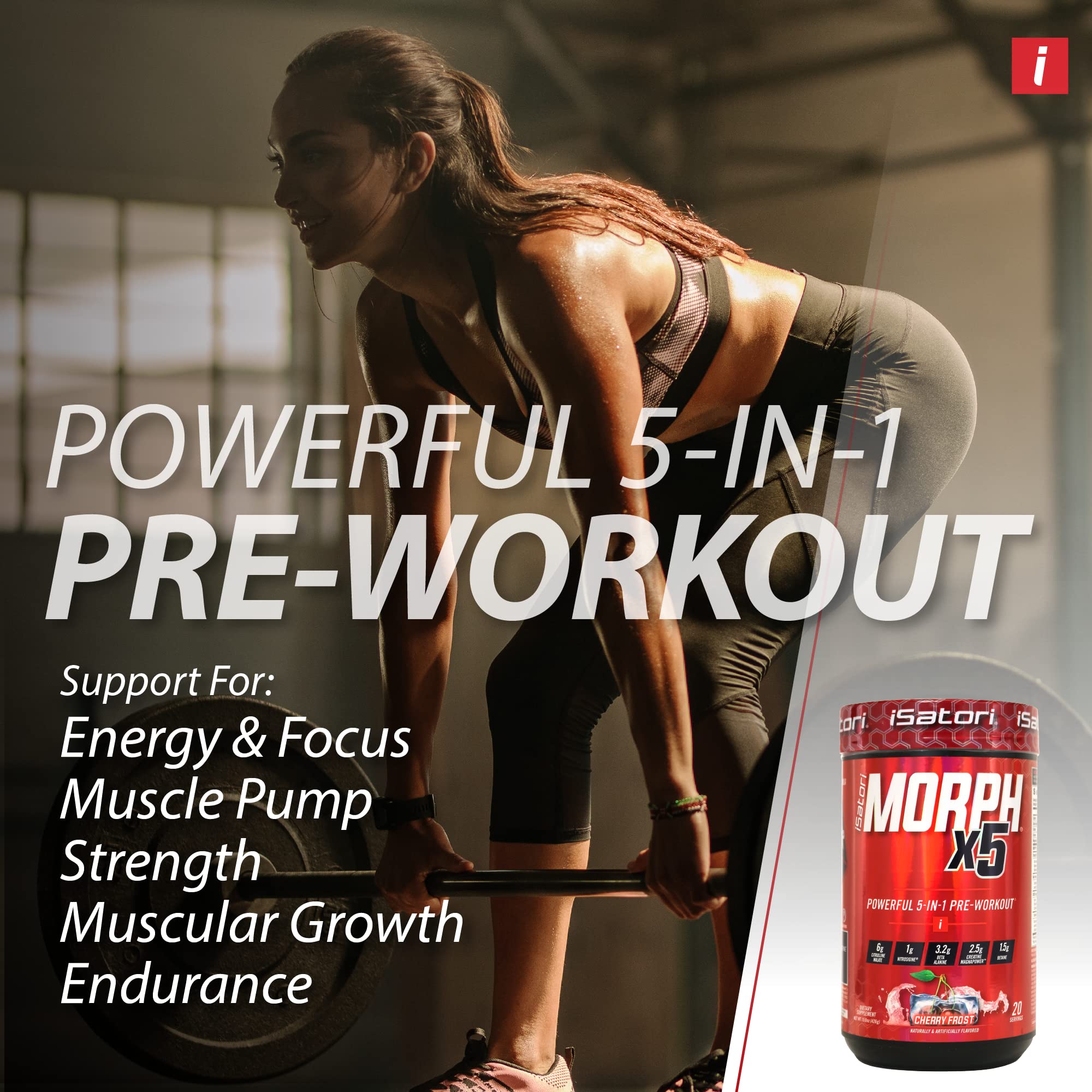 iSatori Morph X5 Intense Pre Workout with Beta Alanine, Creatine Magnapower, Citrulline Malate- Nitric Oxide Flow & Pump Supplement for Energy, Endurance and Strength, Cherry Frost (20 Servings)