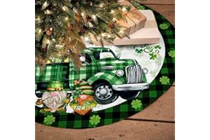 ROVOZAR St. Patrick's Day Christmas Tree Skirt 36Inch, Lucky Clover Tree Ornaments, Happy St. Patrick's Gnome Truck Tree Decoration, Green Shamrock Holiday Party Decor