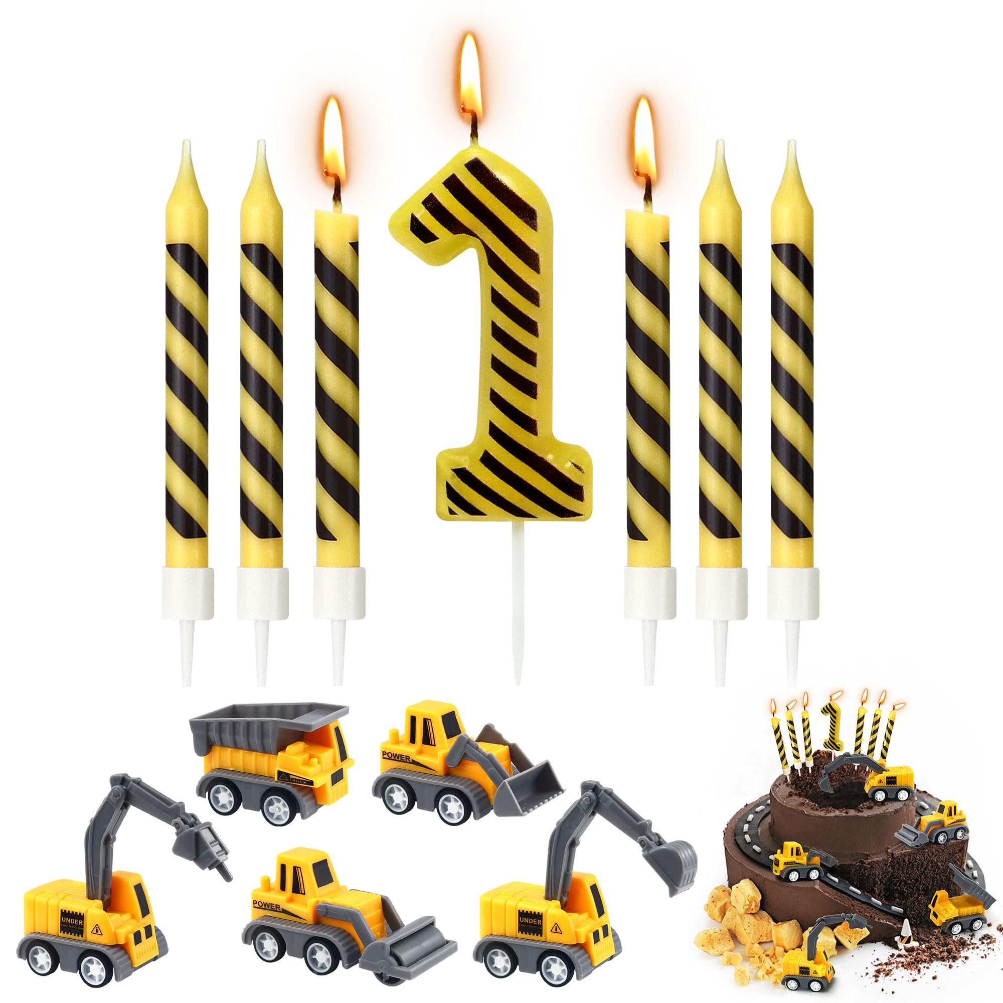 Construction Birthday Candles, 12 Pcs Construction Vehicles Cake Toppers Set with Birthday Number 1 Candle and Black Stripes Candle Cake Topper for Birthday Anniversary Party Cake Decorations — image 1