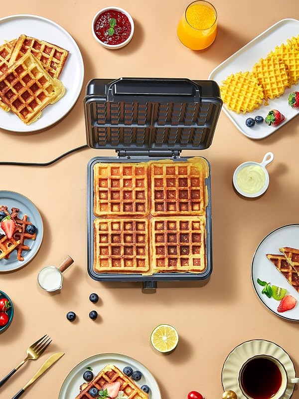 máquina de waffles, máquina de waffles para 4 waffles, 1200W de calor rápido e estável, máquina de waffles com revestimento de placa de aquecimento antiaderente, regulação contínua da temperatura, fácil de armazenar