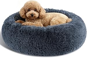Kimpets Dog Calming Beds for Small Medium Large Dogs - Round Donut Washable Puppy Dog Bed, Anti-Slip Faux Fur Fluffy Donut Cuddle Anxiety Cat Pet Bed(20" Dark Grey)